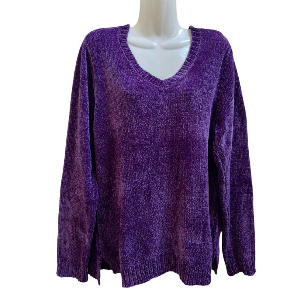 Karen Scott Women's V-Neck Chenille Sweater XXL Purple Dynasty New